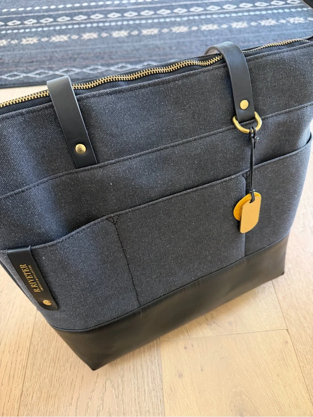 R. Riveter HARRIET TOTE BAG in Black Washed Canvas + Black Leather